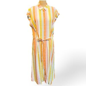LOFT pastel candy stripe‎ dress maxi sleeveless tie belted waist button front
